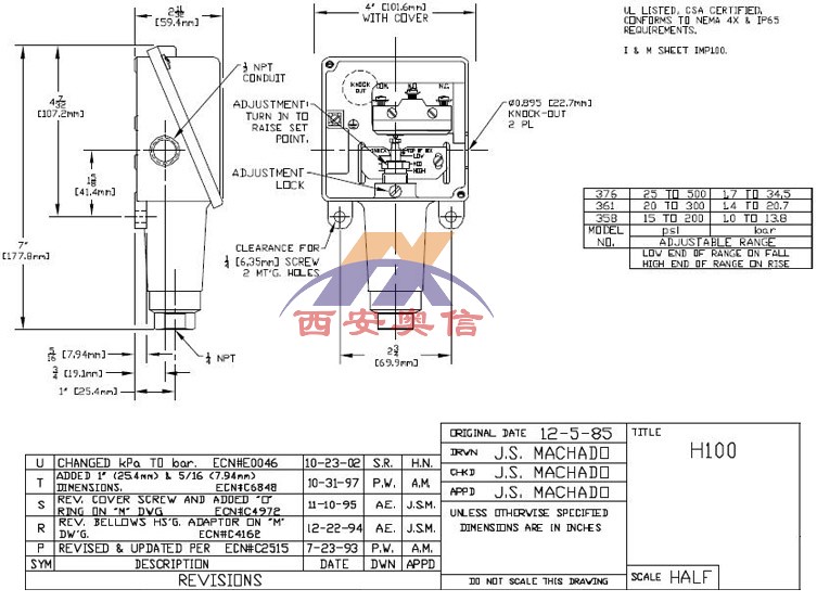 美国UE压力开关H100-358-1010双刀双掷DPDT不锈钢压力开关
