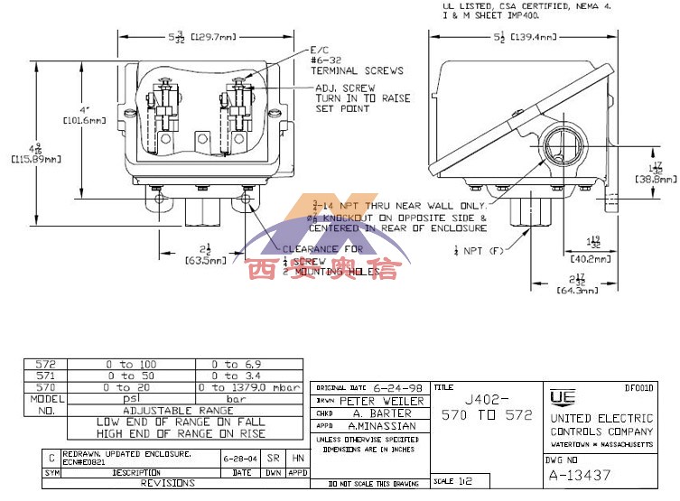 J402-570-M408美国UE压力开关CCC双点压力控制器1.4bar