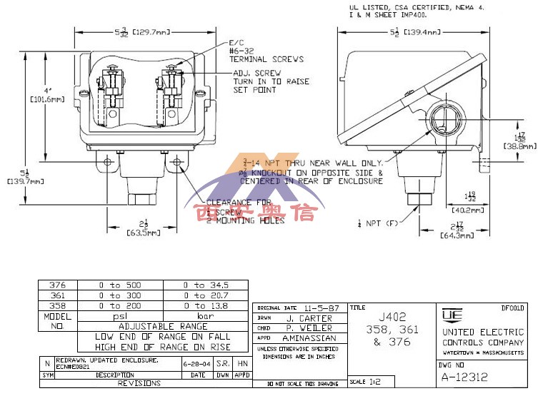 J402-358-M408美国UE压力开关13.8bar膜片316波纹管3C