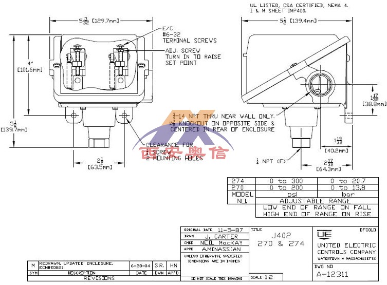 UE开关J402-270-M408美国UE压力开关