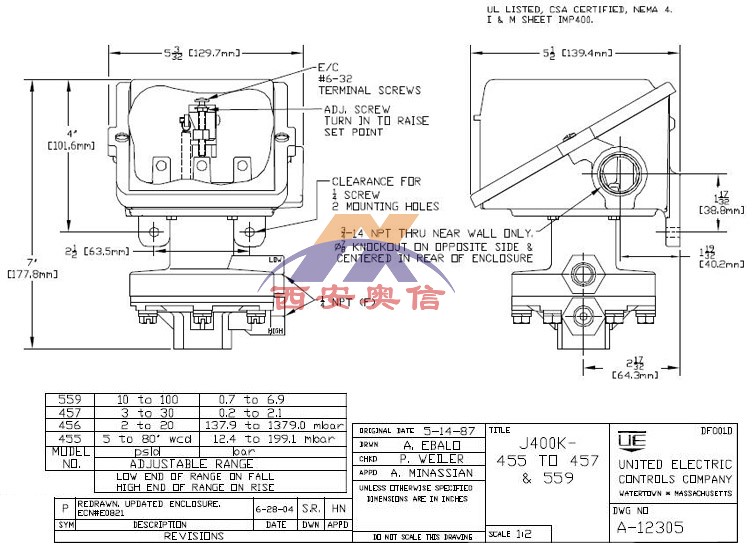 J400K-559-M408美国UE差压开关0.7-6.9bar差压控制器