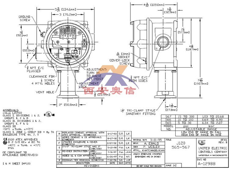 J120-565美国UE卫生级压力开关 焊接316L不锈钢膜片及压力接口 1.5"圆盘卫生等级连接，需用卡套安装 调压范围5-30Psi/0.3-2.1bar  耐压1500Psi/103.4bar