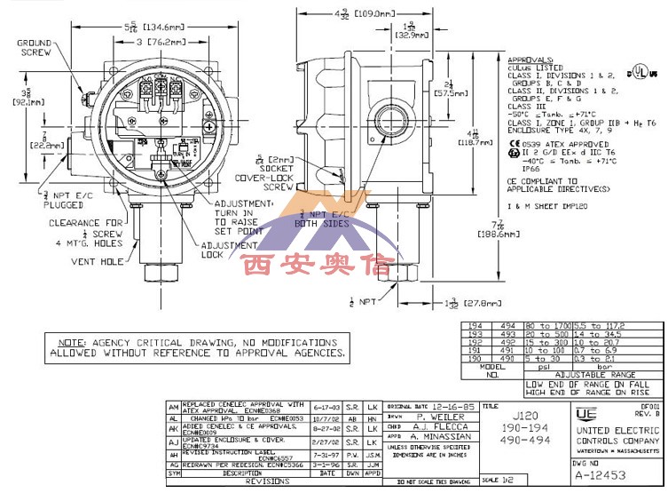 J120-190美国UE防爆压力开关316不锈钢膜片0.3-2.1bar