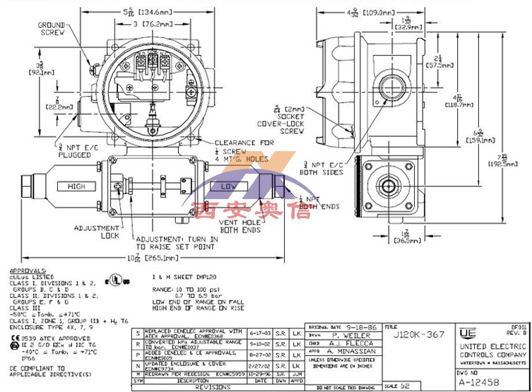 J120K-367  316L焊接不锈钢波纹管膜片 1/4"NPTF压力接口  量程范围10-100Psi/0.7-6.9bar  工作压力0-24.1bar   耐压34.5bar