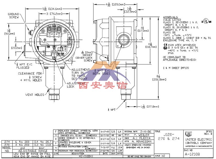 J120-270美国UE防爆压力开关0.3-13.8bar磷青铜波纹管  量程设定范围1.0-13.8bar 
