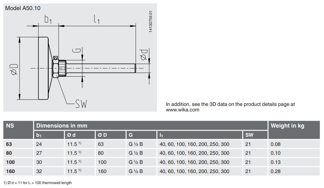 德国WIKA温度计 表盘式温度计 A50双金属温度计 标准温度计