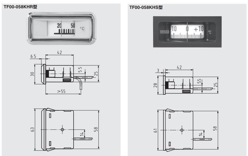  TF58温度计58 x 25 mm膨胀式温度计TF59膨胀式温度计62 x 11 mm矩形面板设计