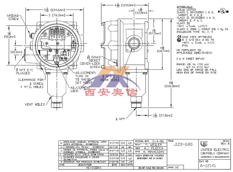 J120-680美国UE压力开关6.9-117.2bar防爆Exd压力开关  316不锈钢波纹管 1/4NPTF压力接口 调压范围6.9-117.2bar 死区0.6-2.8bar  耐压172.4bar