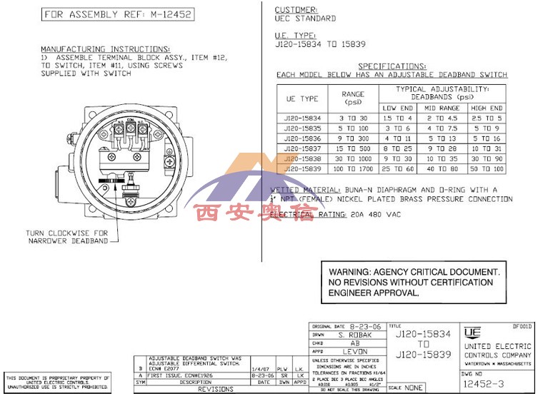 J120-15834防爆压力开关3~30psi带回差可调功能橡胶膜片