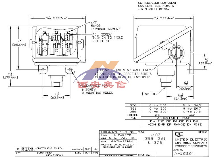 UE三点开关J403-358-M408美国UE压力开关13.8bar膜片316波纹管3C