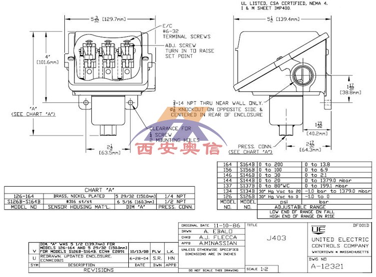 美国UE开关J403-126-M408多点真空压力控制器3C黄铜接口-1-0bar